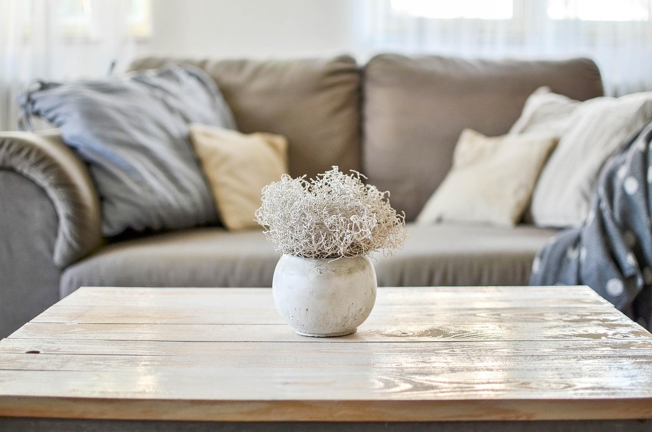 Calm living room with a sofa, coffee table and vase